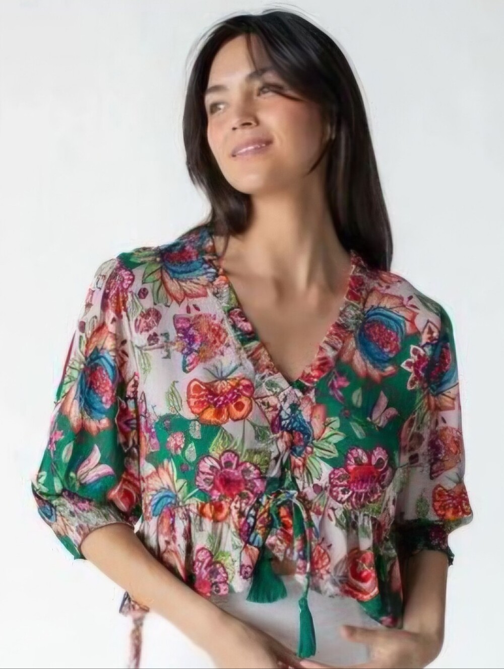 Natural Life Floral Tie Front Peplum Top Blouse Green Pink XL
